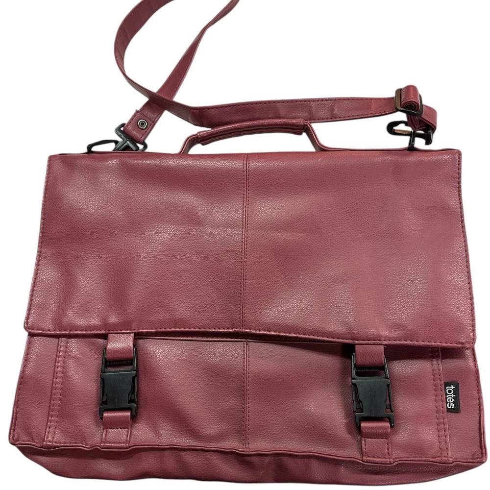 Totes Burgundy PVC Messenger Tote Shoulder Crossbody Plastic Buckle Closure EUC